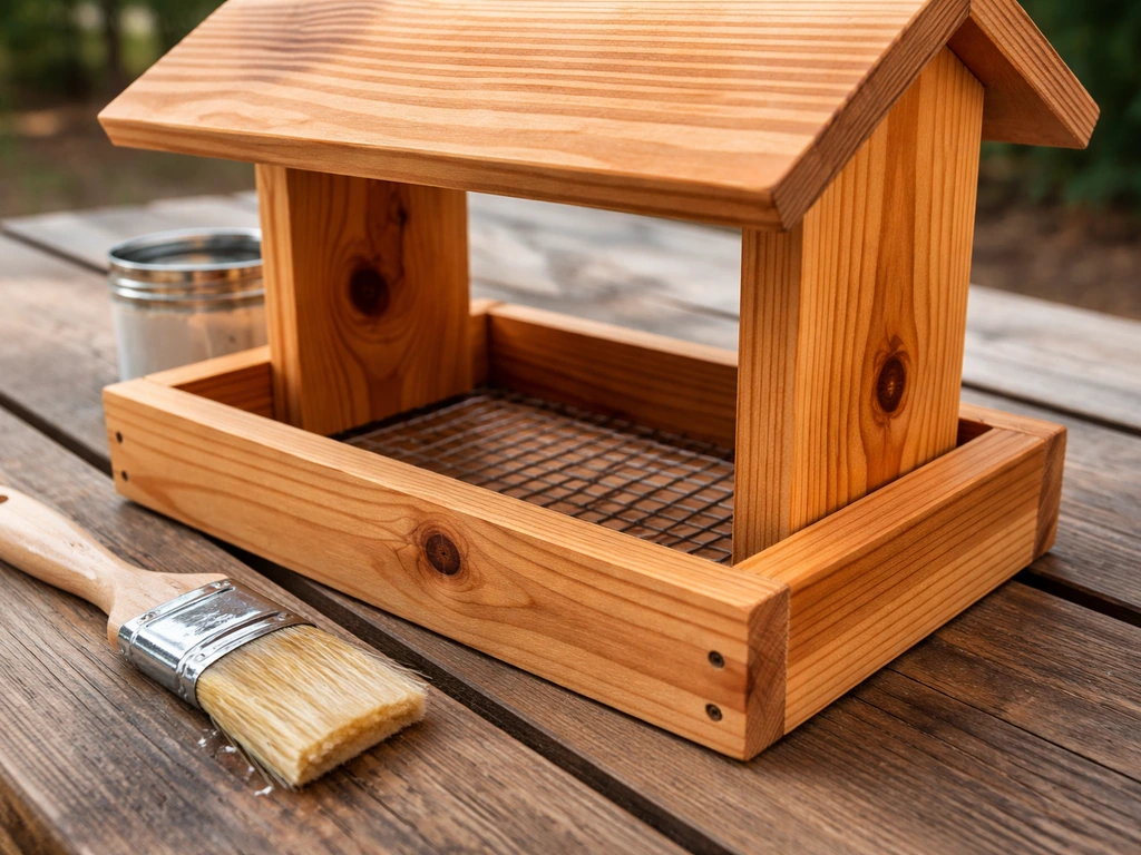 Close-up of a cedar bird feeder showing rich wood grain and darker tannin streaks, with a brush nearby.