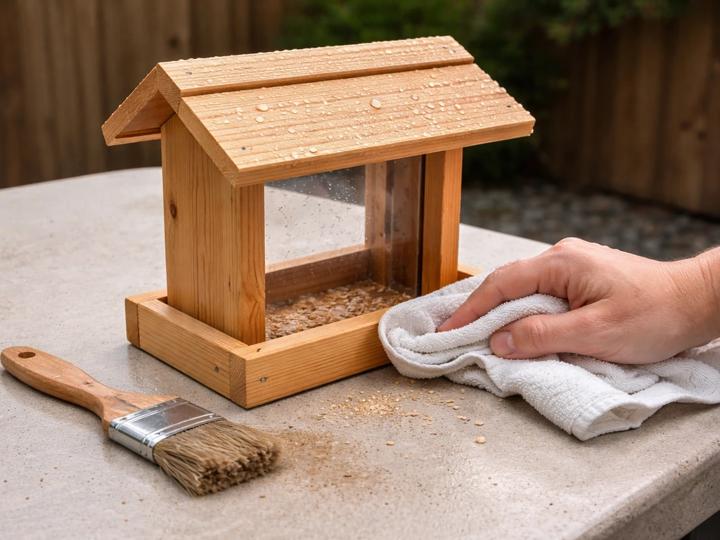 Hand brushing sawdust off a small wooden bird feeder with a damp cloth nearby