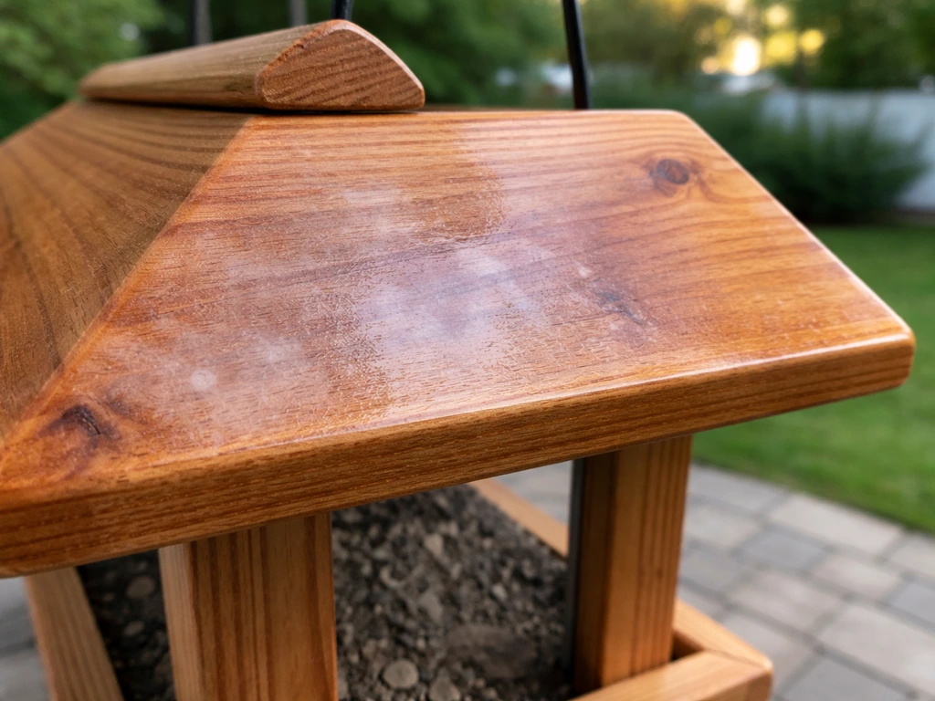 Close-up of cedar bird feeder with cloudy white haze on a sealed section showing moisture blushing.