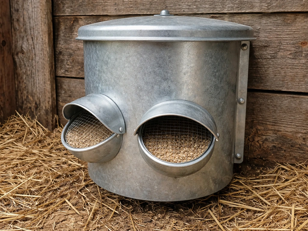 Close-up of a mounted bird-proof chicken feeder with covered openings at a wooden coop.