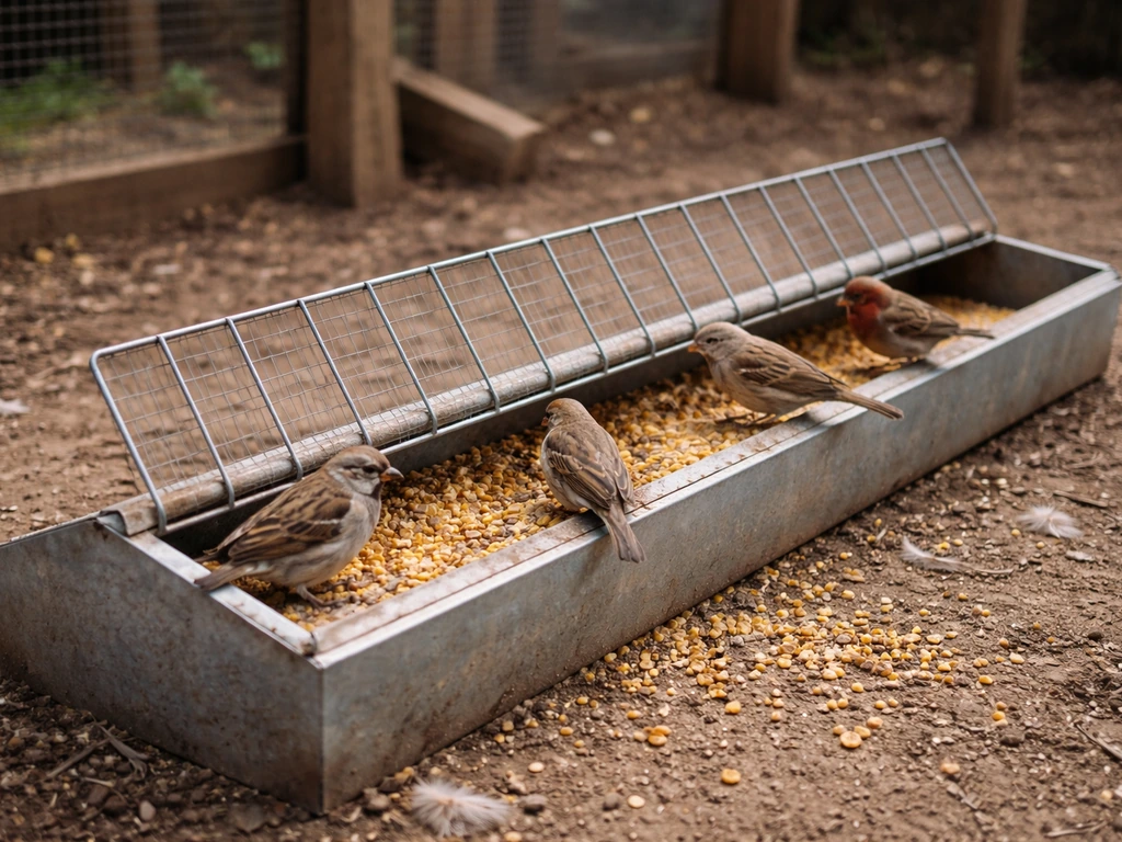 Wild birds perch on an open chicken feeder while feed spills on the ground nearby.