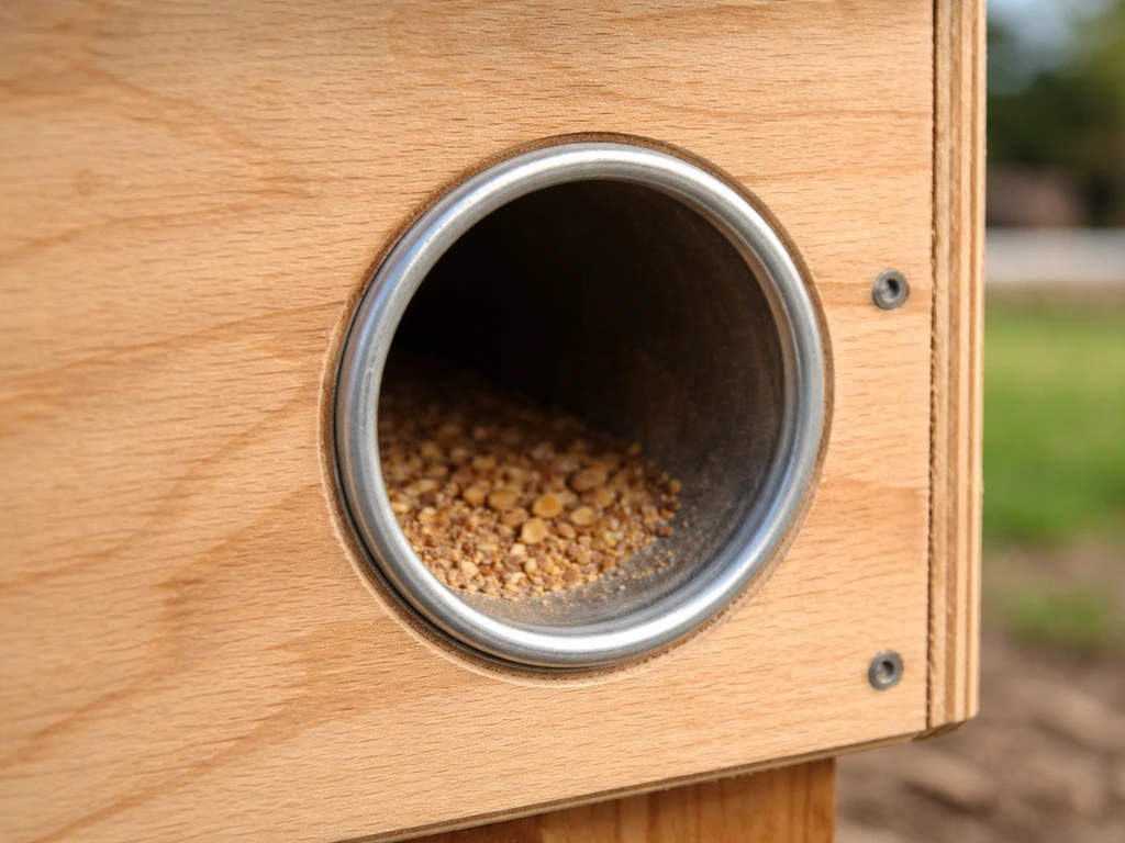 Close-up of a wooden feeder’s drilled feeding port with smooth edges and a restricted opening.
