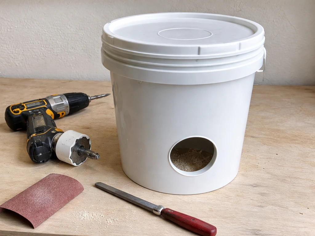 DIY modified 5-gallon bucket feeder with snap-on lid, showing the drilled restricted port and nearby tools.