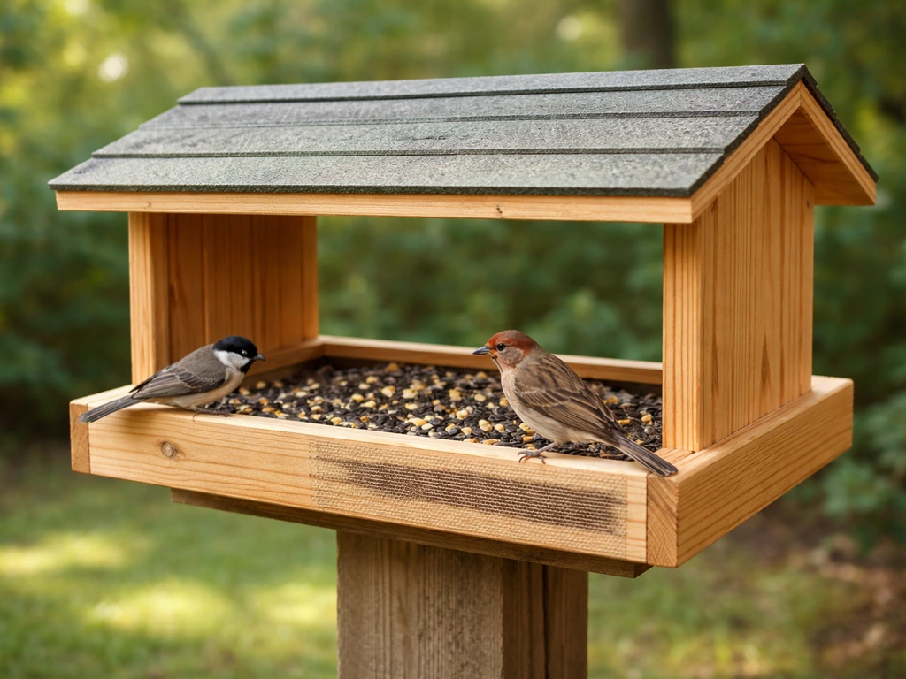 Finished covered platform bird feeder on a post with a sloped roof and birds perched in an outdoor yard.