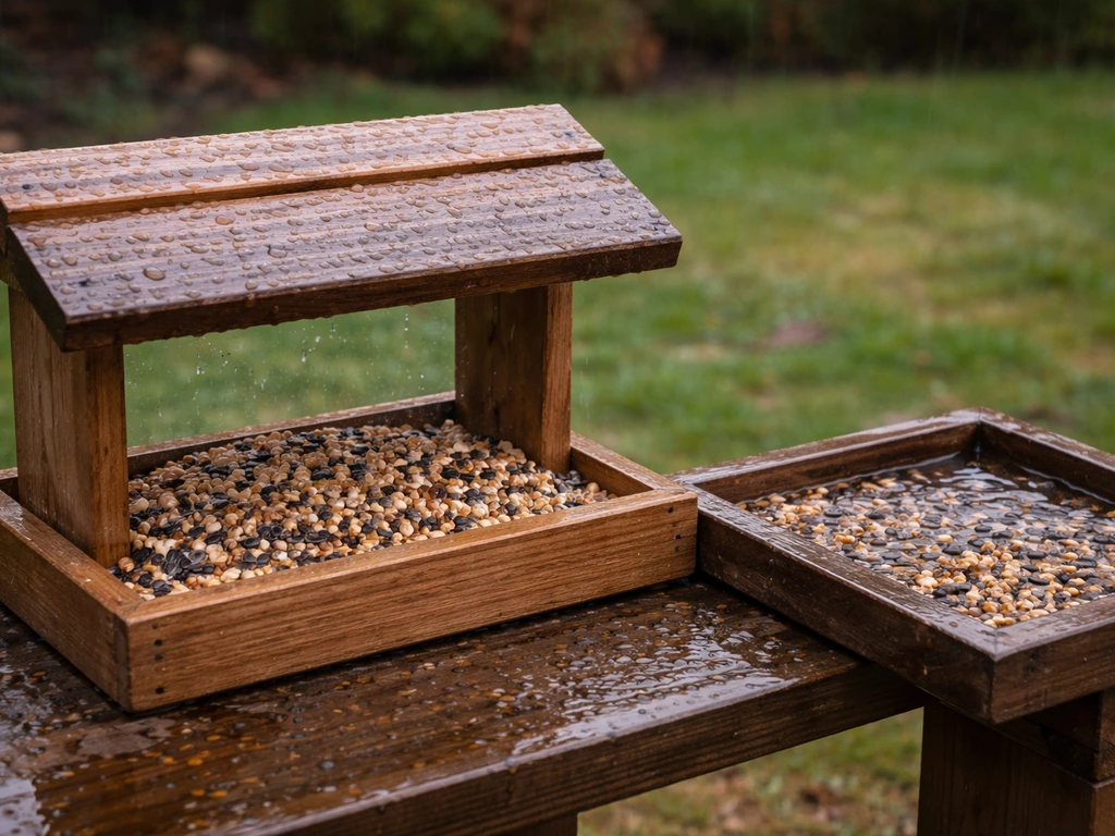 Backyard bird feeders side-by-side: covered stays dry while the uncovered one has soggy seed in rain.