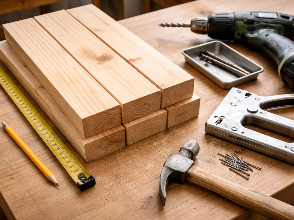 Lumber on a workbench with tape measure, pencil, drill bits, and a staple gun ready for DIY work.