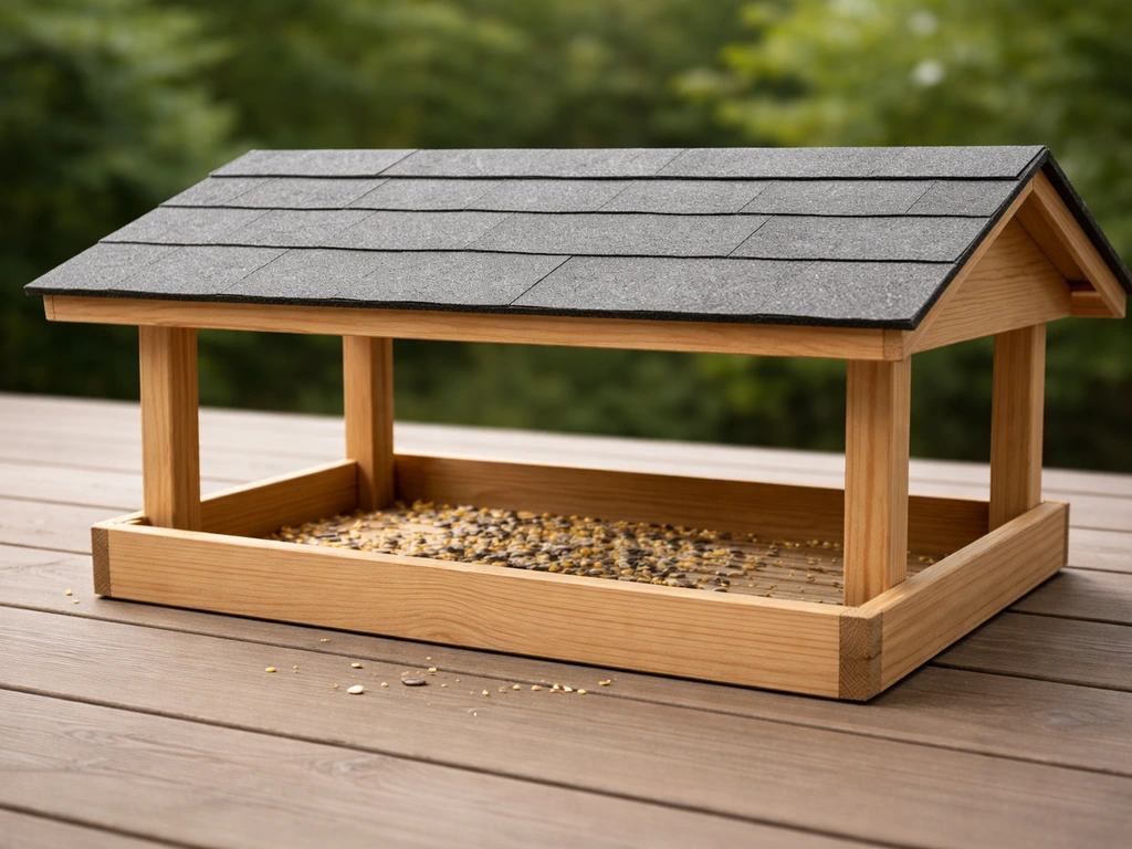 Side view of a small 12x16-inch bird platform with a roof overhanging 3–4+ inches beyond the tray.