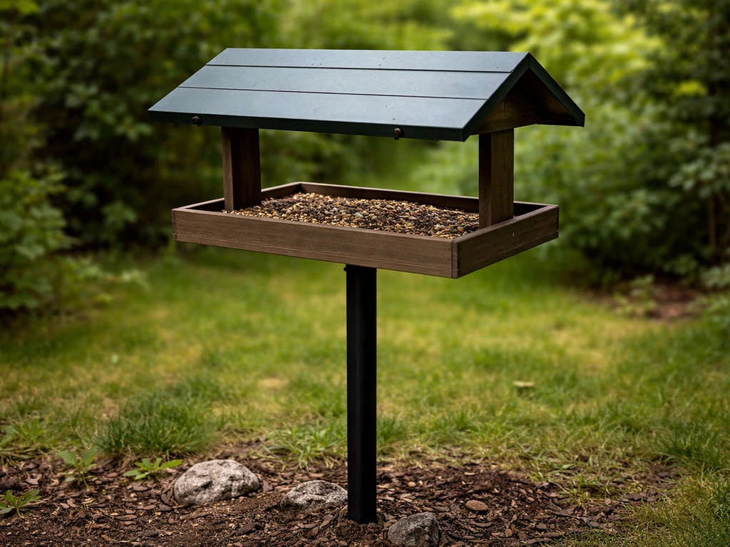 Covered platform bird feeder securely mounted on a pole, with roof and drainage visible