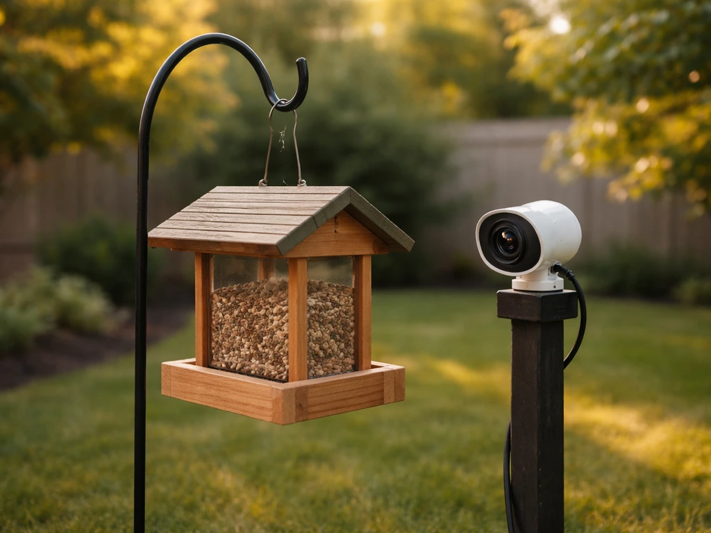 A backyard bird feeder with a small camera mounted nearby, ready for filming birds