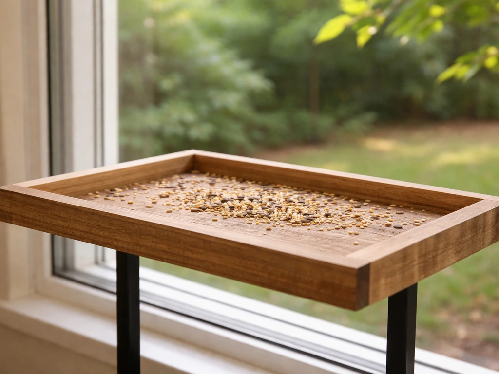 Flat wooden bird tray feeder with an open platform and clear camera view near a window in daylight.