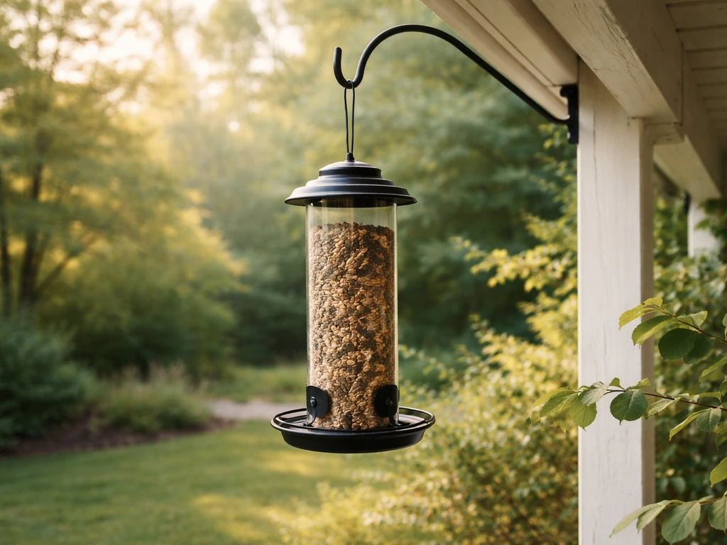 Camera view of a bird feeder in a backyard with a north-facing angle for consistent daylight