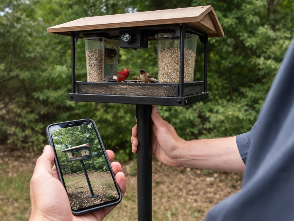 Technician gently bumps a mounted feeder pole while phone shows the camera live feed