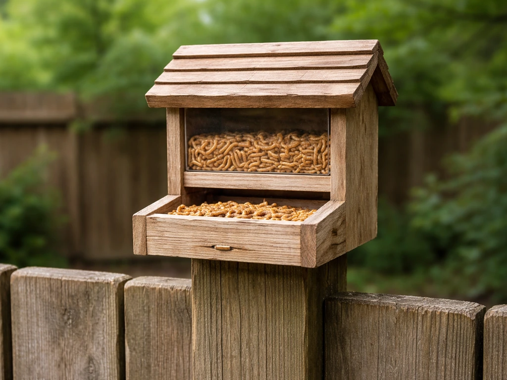 Outdoor wooden mealworm bird feeder filled with visible mealworms, dispensing through an open tray.