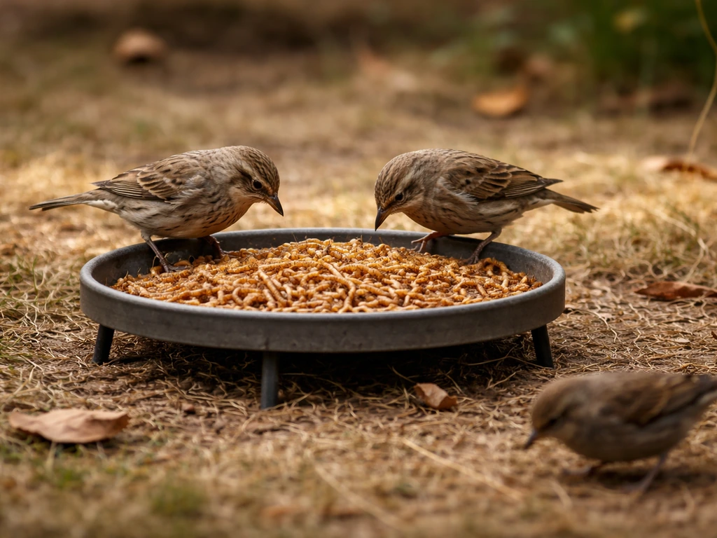 Small backyard songbirds pecking mealworms at a simple ground-level feeder