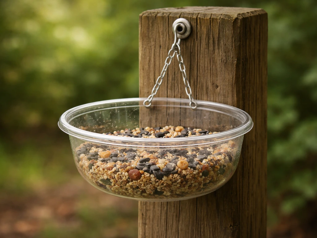 Close-up of a simple open bird feeder: smooth dish hung from a wooden post outdoors.