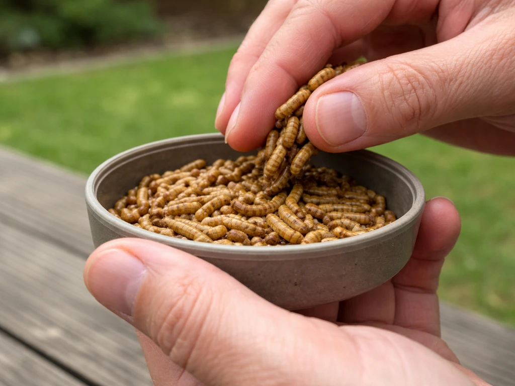 Hands placing live mealworms in a shallow feeder dish to keep the feeding portion contained.