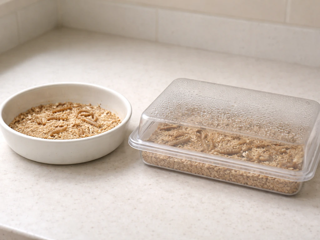 Two mealworm feeders side by side: an open dish on the left and a covered tray feeder on the right.