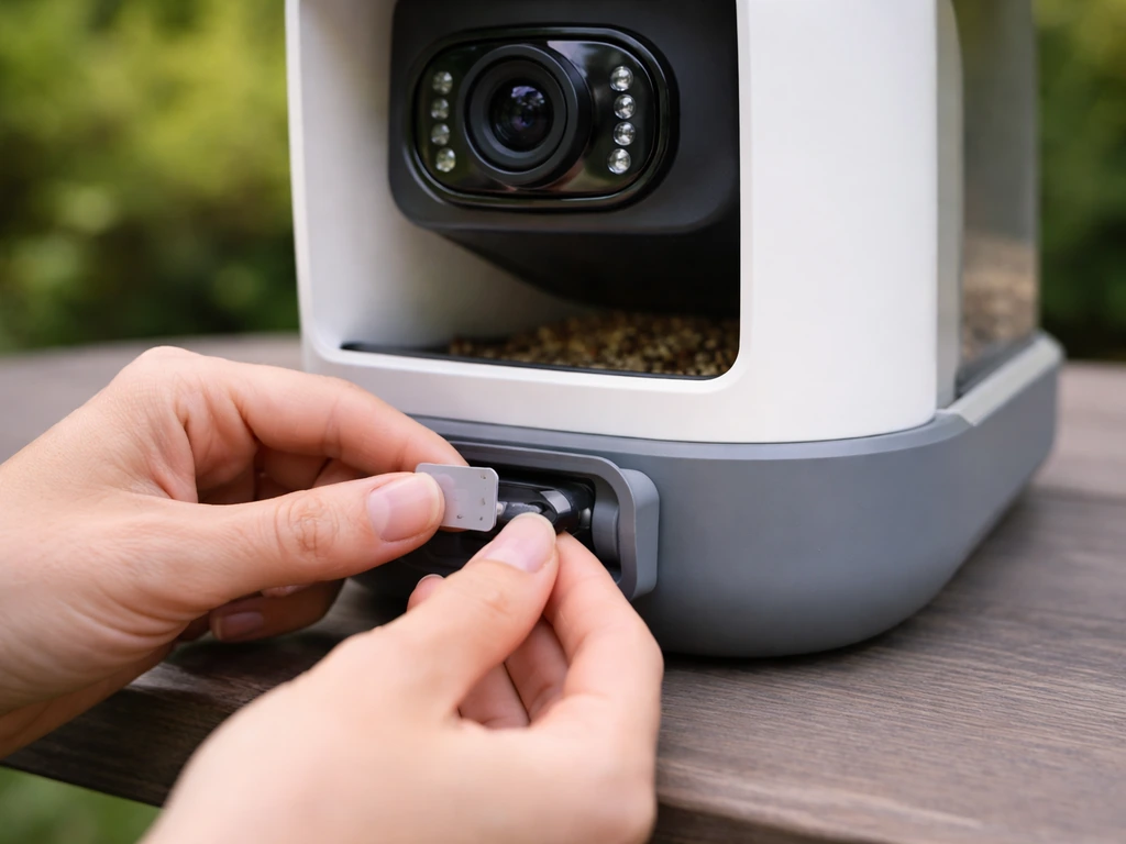 Hand inserting a microSD card into a smart bird feeder near a small camera module