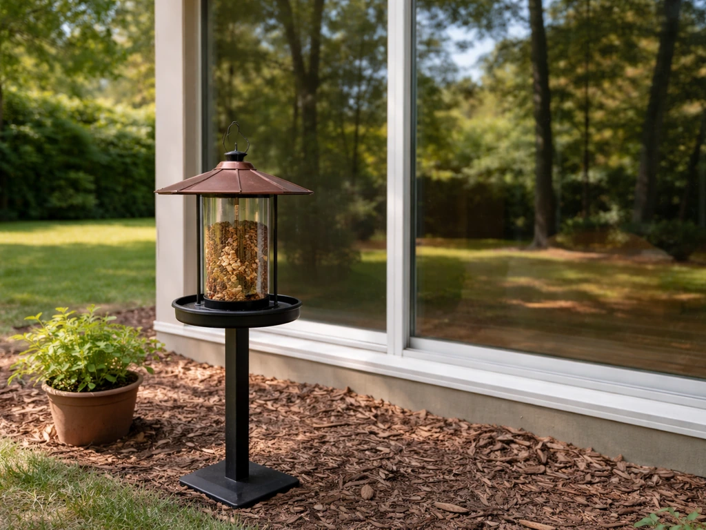 Bird feeder close to a glass window with open yard space suggesting safe placement distance.