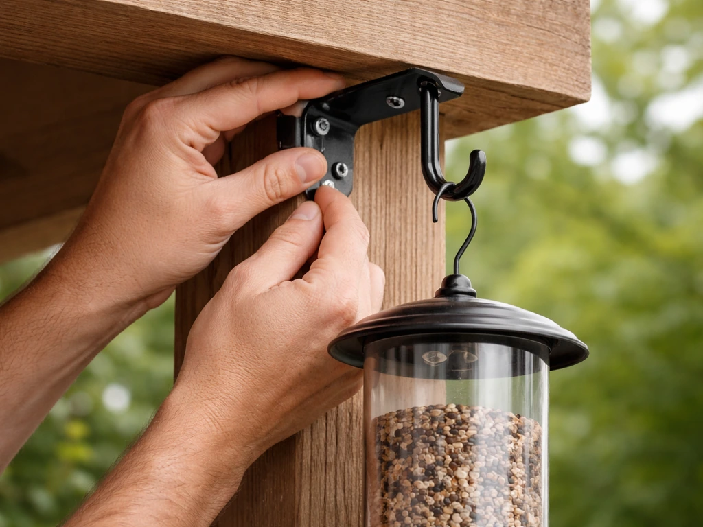 Close-up of outdoor hanging hardware securing a bird feeder so it hangs level