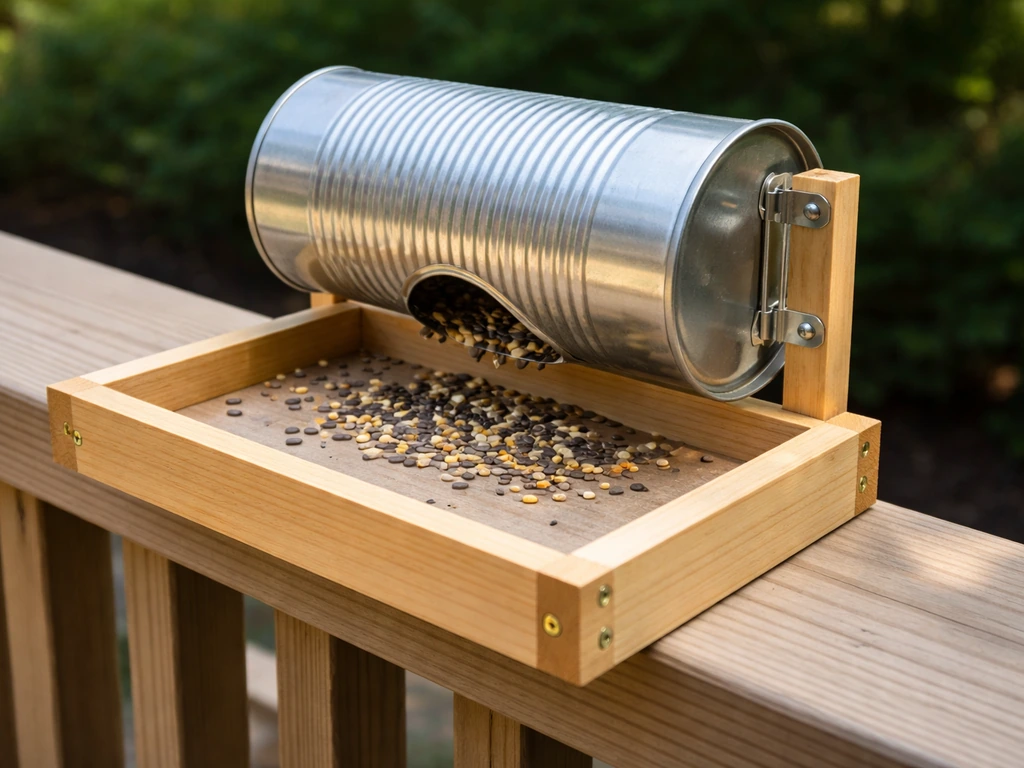 A horizontal metal can bird feeder mounted over a wooden tray with seeds scattered on top.