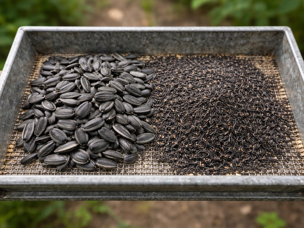 Overhead view of a backyard feeder filled with black oil sunflower and nyjer seeds, attracting small birds.