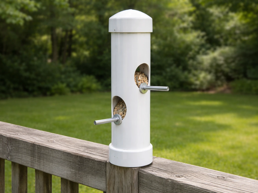 Close-up of a DIY PVC pipe bird feeder with side ports and perches mounted on a backyard post.