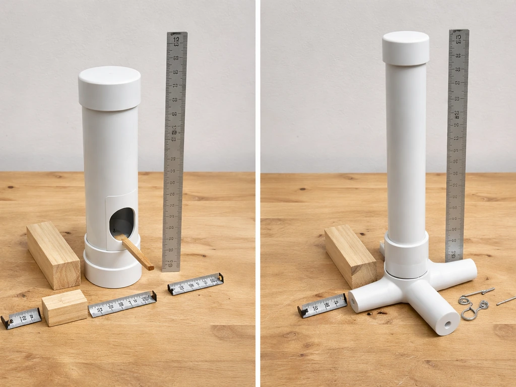 Two PVC bird feeder designs laid out with visible measurements and caps/poles, viewed from above on a workbench.