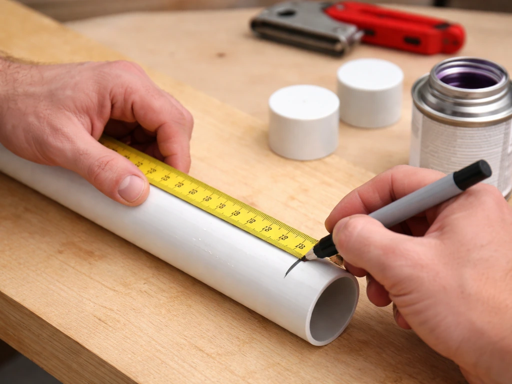 Hands marking and measuring a PVC pipe on a workbench with caps nearby and primer ready.