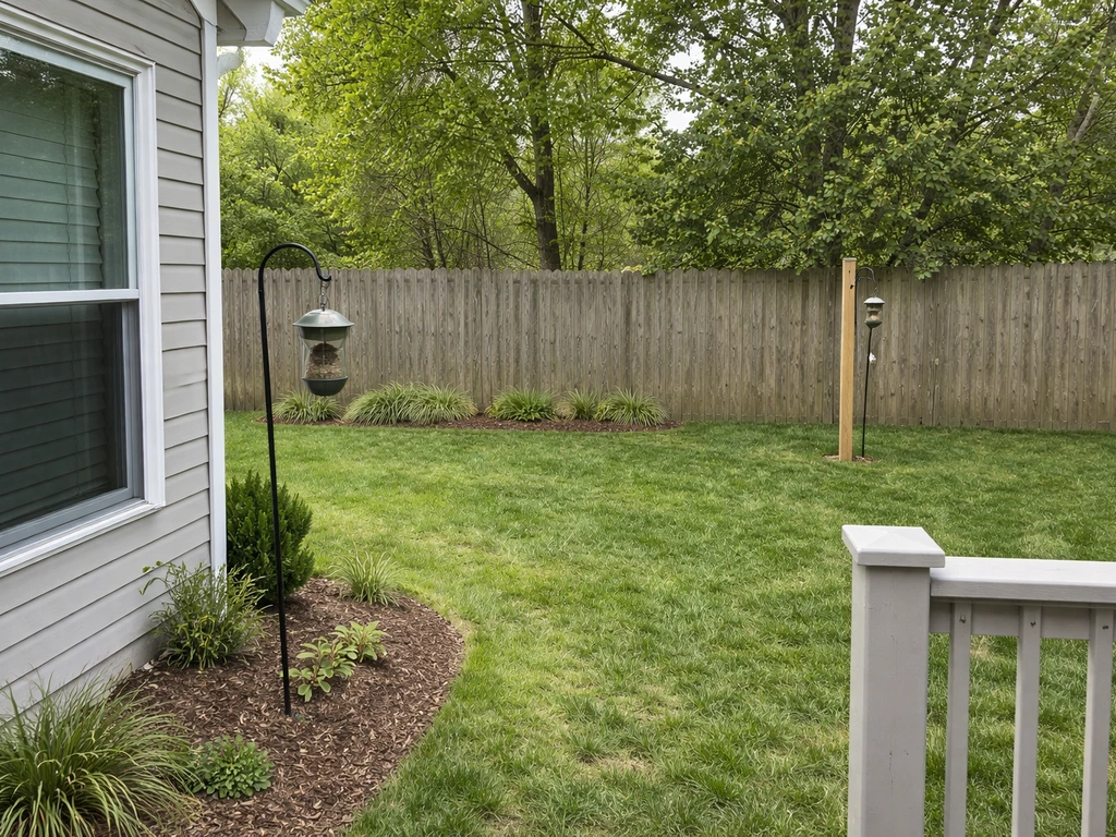Bird feeders mounted on a post with clear space from a fence and a nearby window for safe placement.