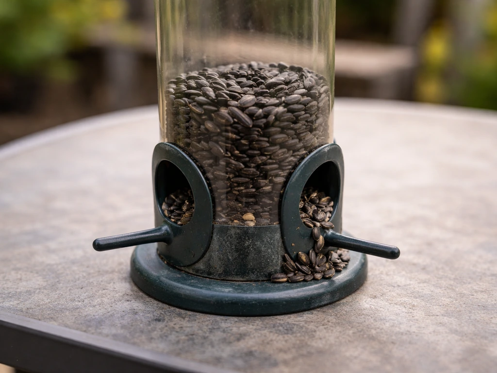 Open tube bird feeder with top cap removed, seeds visible and a clumping bridge near bottom ports.