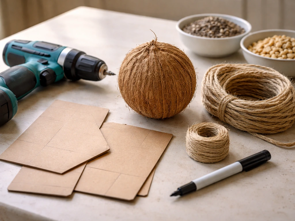 Build materials laid out: whole coconut, drill with 1/4-inch bit, twine, and small tools on a table.