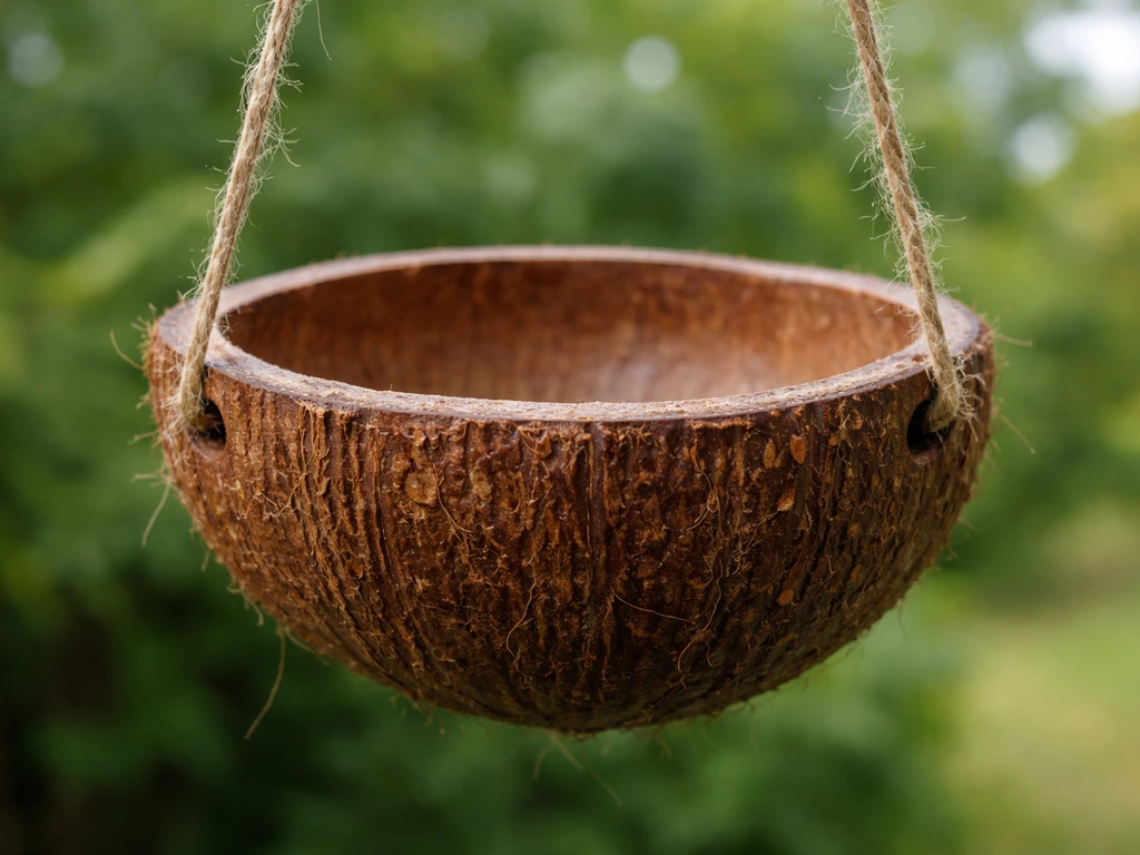 Hanging coconut half-shell bowl with shell side up and two drilled opposite holes ready to hang.