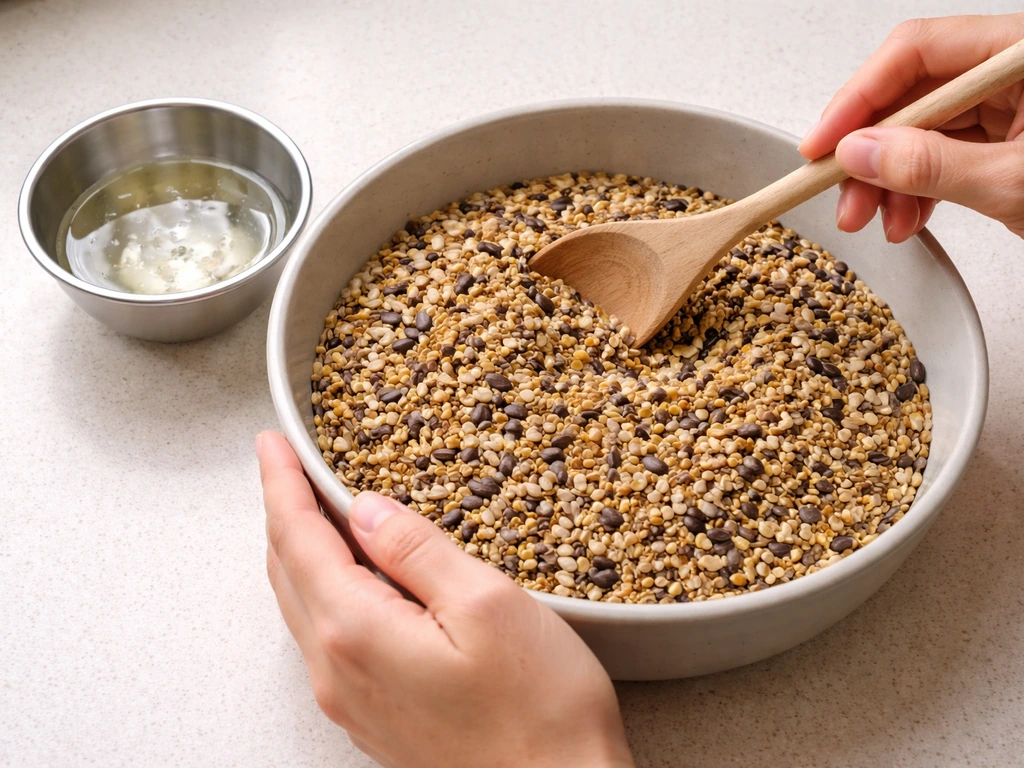 Hands mixing melted coconut oil into plain birdseed in small bowls on a kitchen counter.