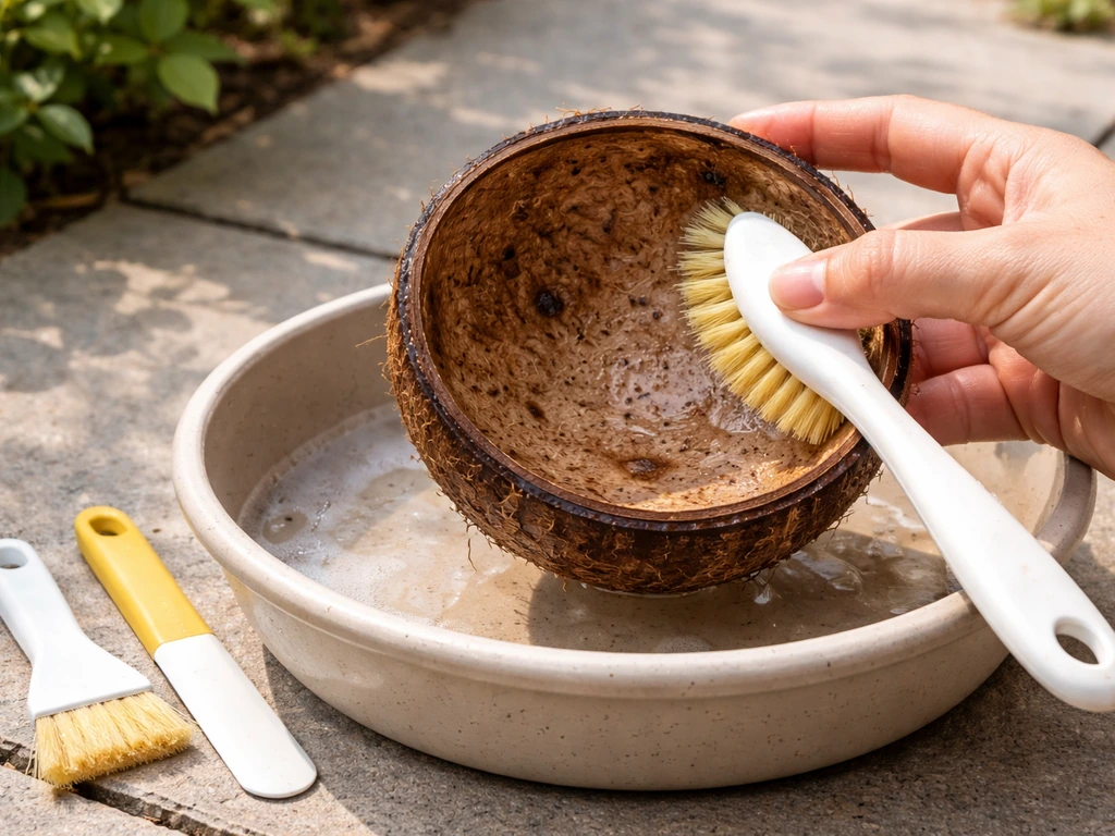 A coconut feeder shell in a basin being scrubbed and inspected for mold before refilling.
