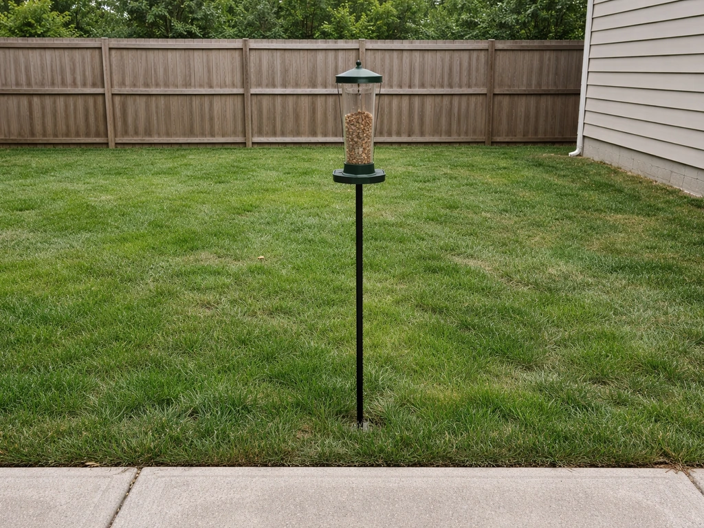 Minimal backyard view showing a bird feeder mounted about 5 feet high, 7 feet from a fence, 9 feet from a building edge.