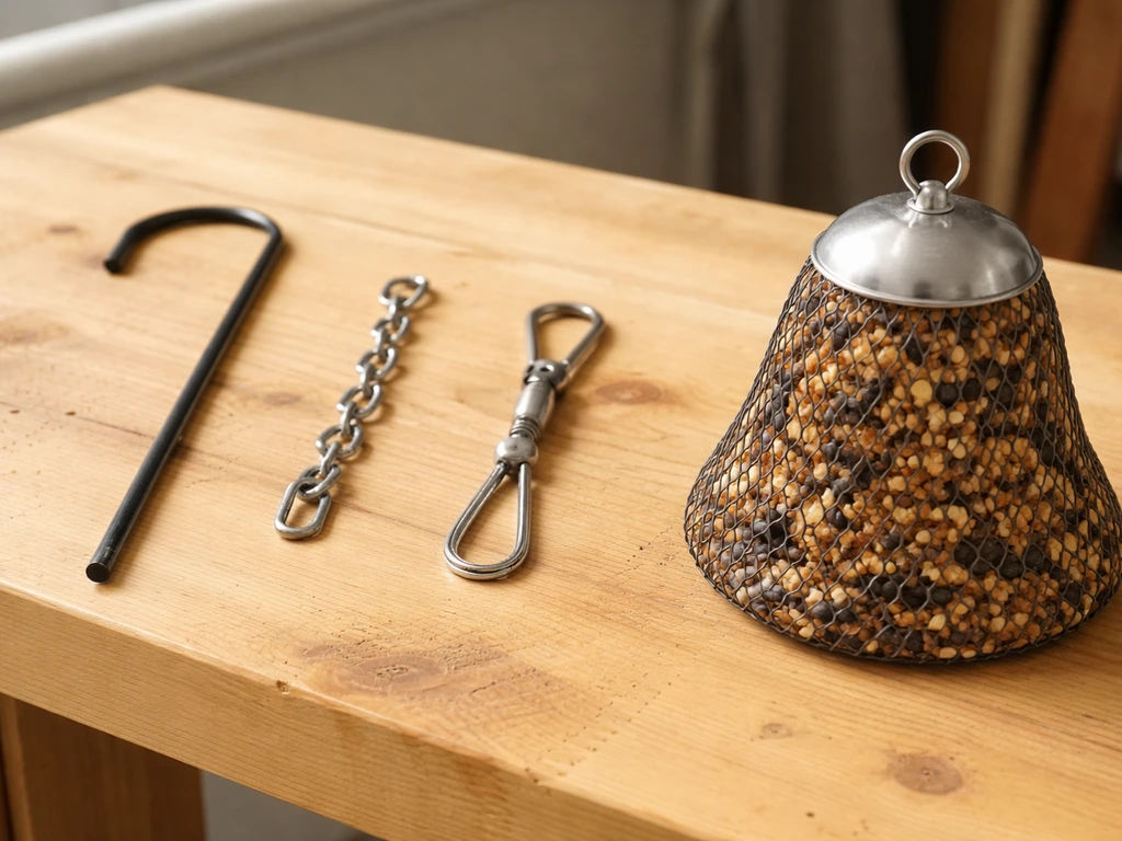 A seed bell feeder and hanging hardware options laid out on a workbench, ready to assemble.