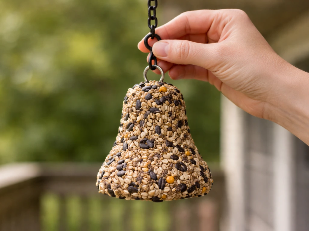 Close-up of a hanging seed bell feeder being clipped onto an installed hook, level and secure.