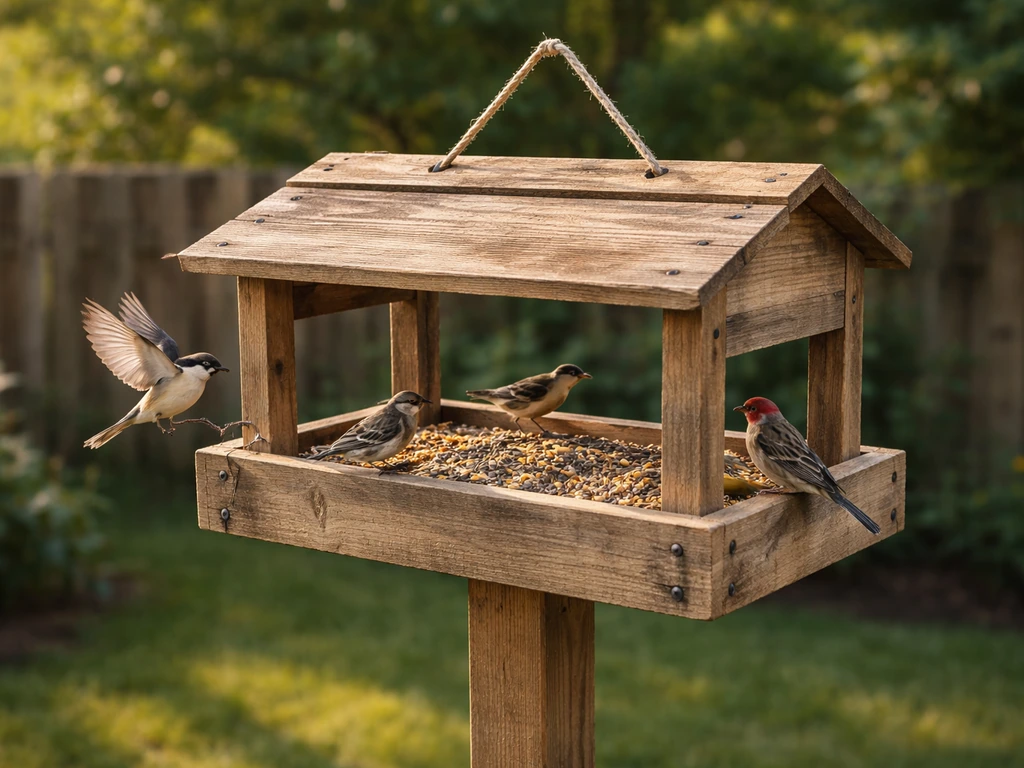 Reclaimed pallet bird feeder mounted in a backyard with small birds perched and feeding.