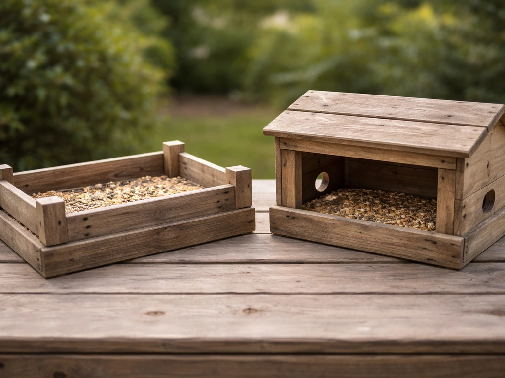 Two simple pallet bird feeders side by side, showing open platform vs enclosed box openings