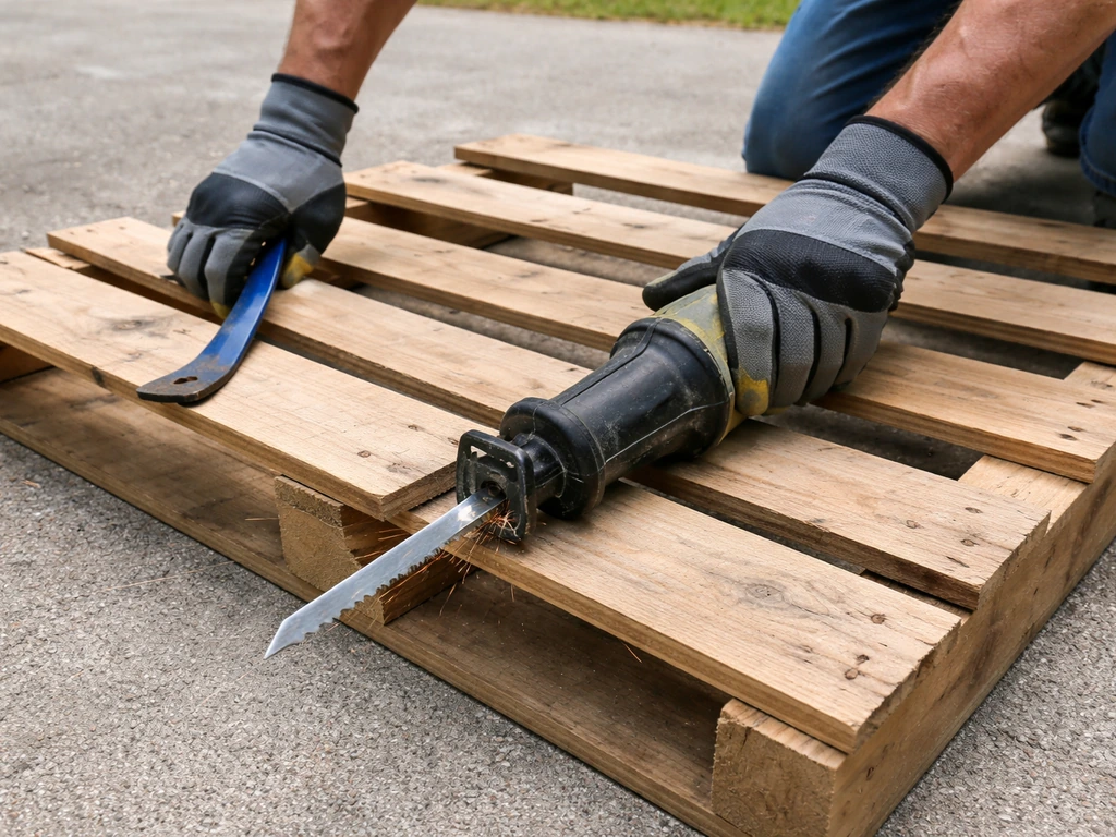 Worker using a pry bar and reciprocating saw to separate deck boards from a wooden pallet outdoors.