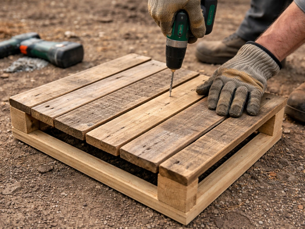 Hands attaching pallet deck boards to a simple wooden frame for an open bird table platform