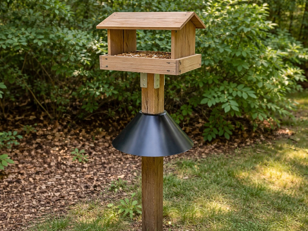 Pallet-style bird feeder mounted on a wooden post at 4–5 feet with squirrel baffle and nearby shrubs