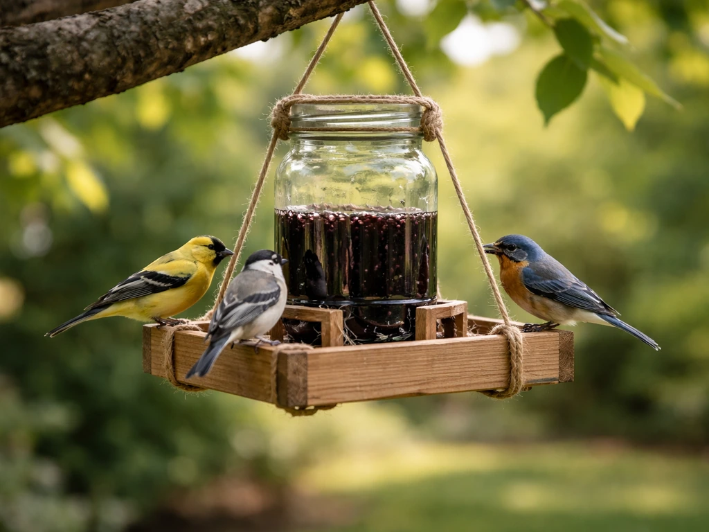 A finished jelly bird feeder hanging from a backyard tree with small songbirds feeding near a neat jar-and-wood platform