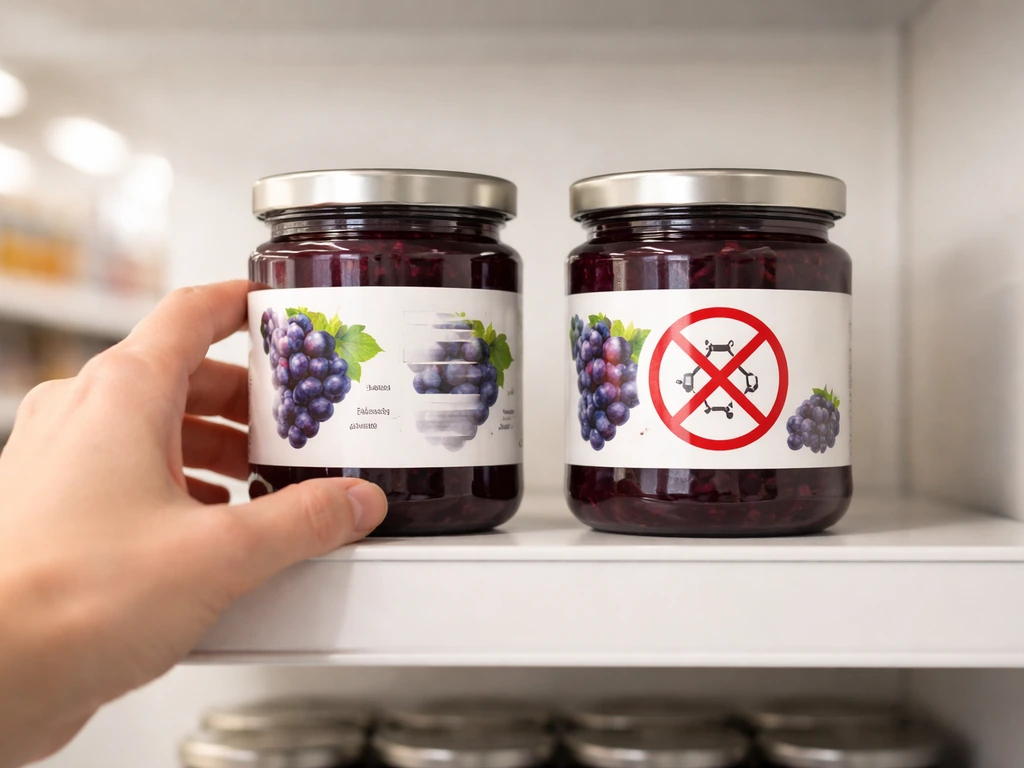 Two grape jelly jars on a grocery shelf, with a hand checking labels and an xylitol warning cue.