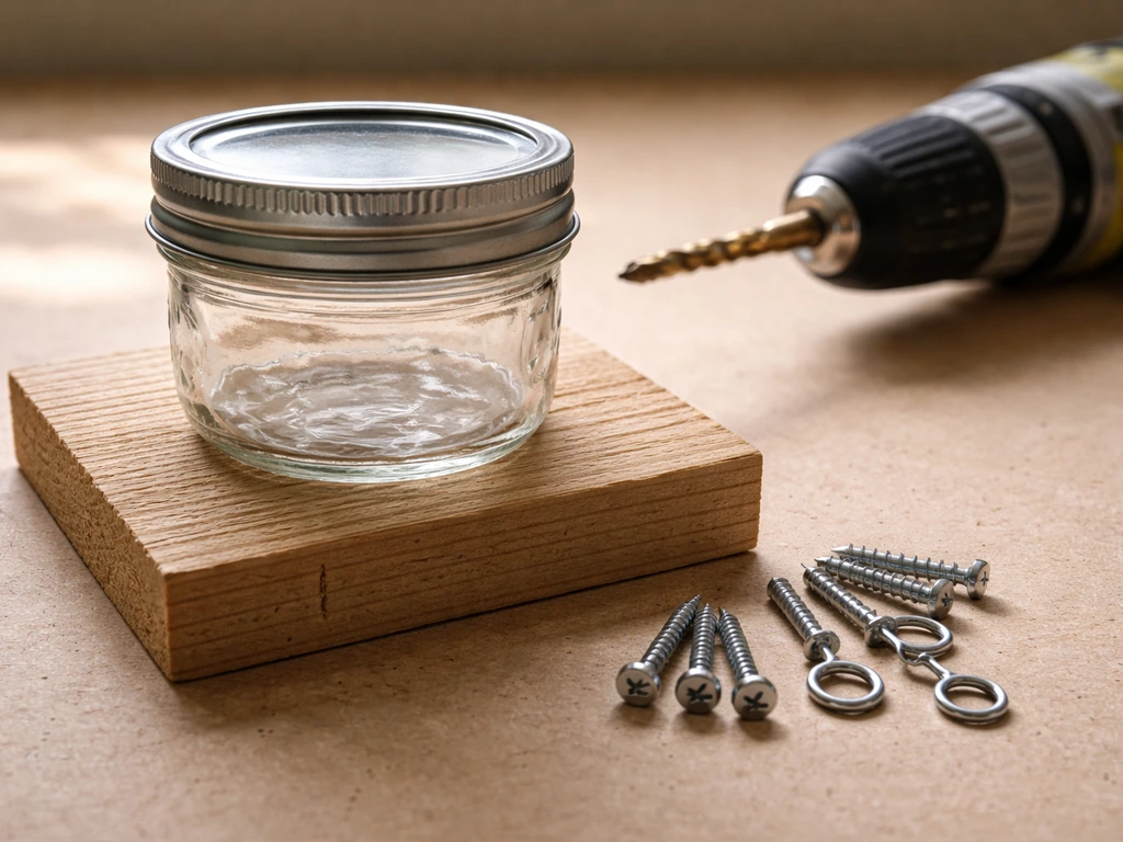 Small mason jar and untreated wood platform on a workbench with drill, drill bit, and hanging hardware ready