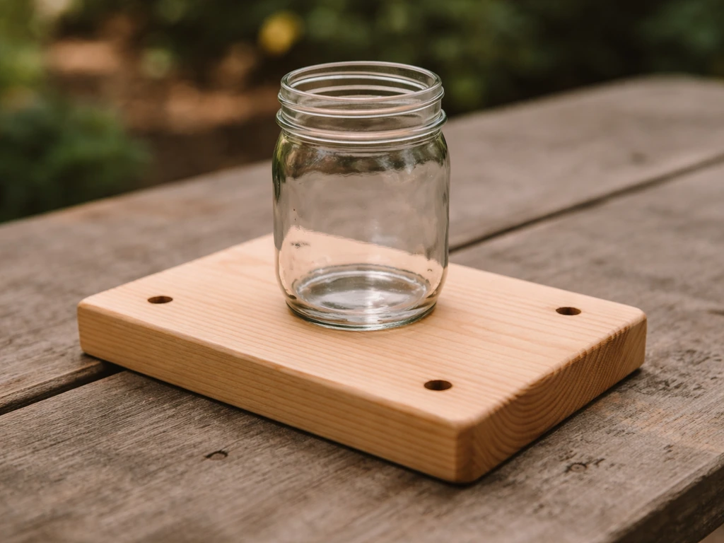 Close-up of a sanded wooden board with a jar centered on top and small corner drainage holes visible