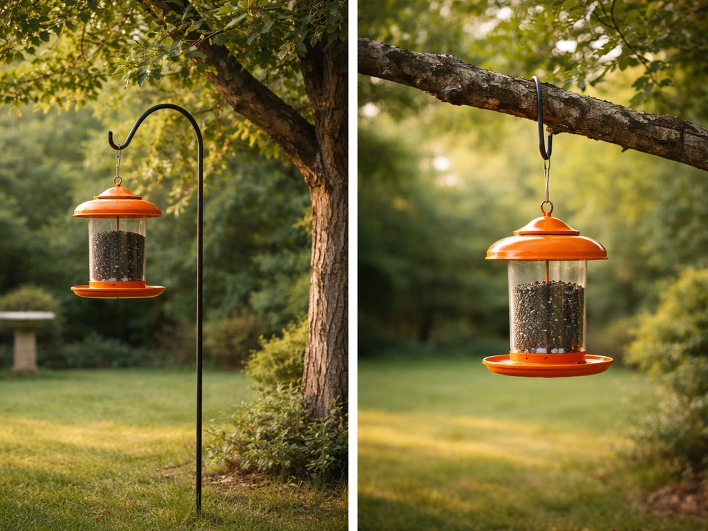 Two minimal backyard views showing a hanging bird feeder placed 5–6 ft high near a nearby tree perch.
