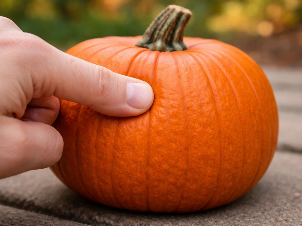 Thumb pressing firmly on a medium pumpkin’s skin to check firmness outdoors