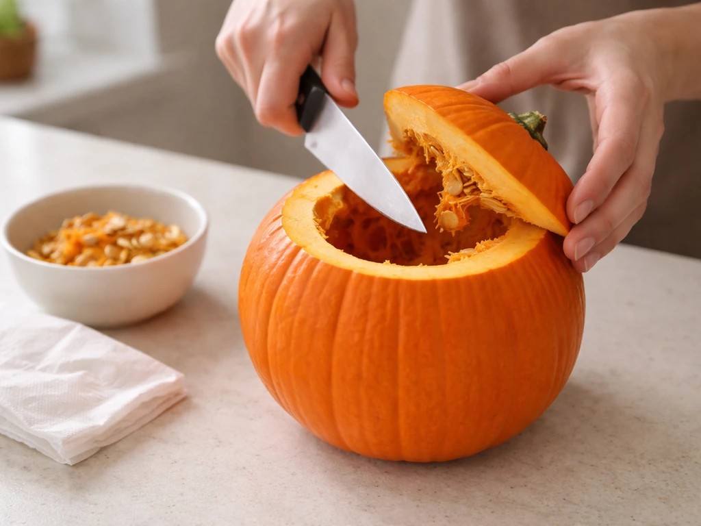 Hands rinsing a pumpkin, then cutting the top off at an angle and cleaning out the inside.